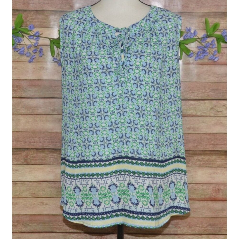 Zac & Rachel Plus Size 2X Sleeveless Blouse Blue Green Mixed Print Keyhole Tie N